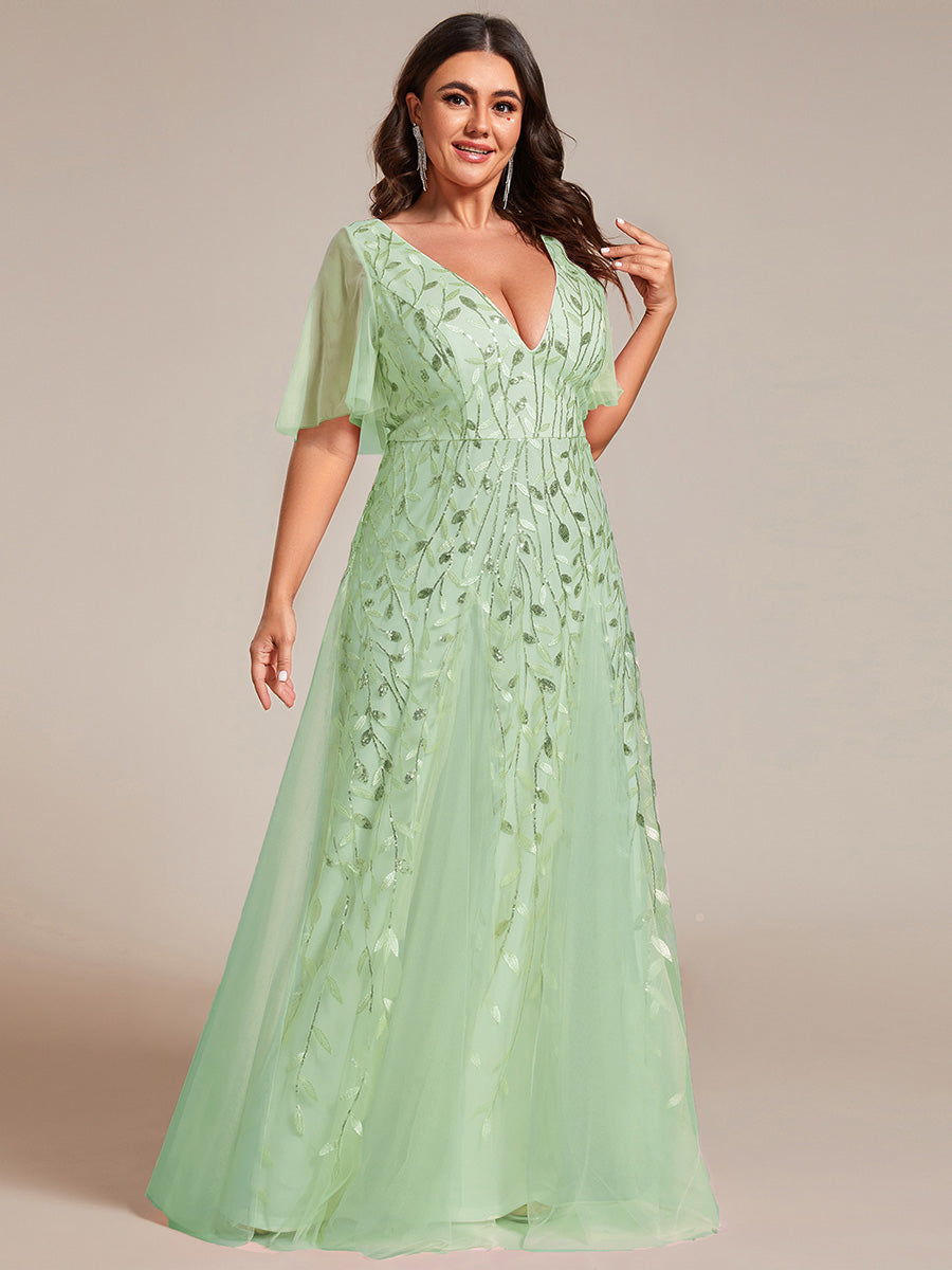 Robe d'Invité de Superbe Mariage Longue à Col en V et Manches à Volants #Couleur_Menthe Verte