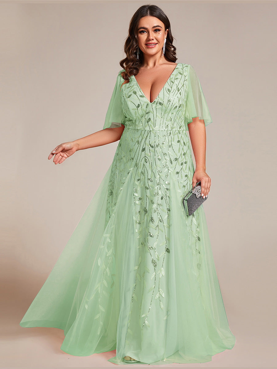 Grande Taille Robe de Soirée Romantique Scintillante à col en V et Manches à Volants #Couleur_Menthe Verte