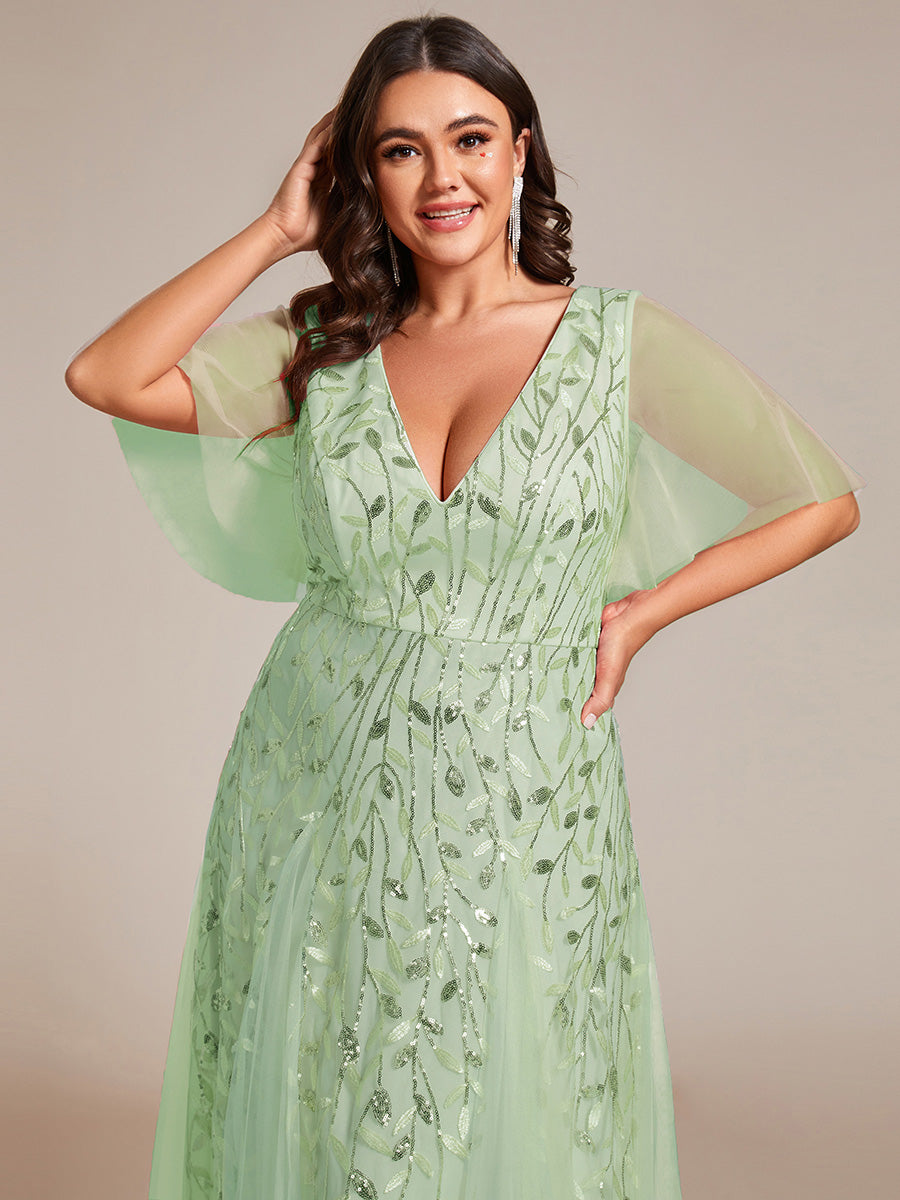 Grande Taille Robe de Soirée Romantique Scintillante à col en V et Manches à Volants #Couleur_Menthe Verte