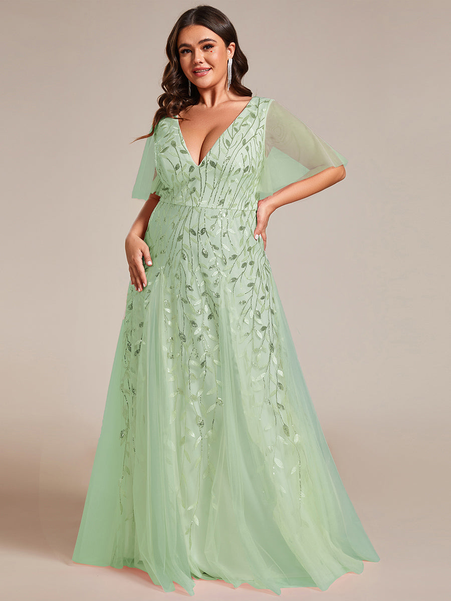 Grande Taille Robe de Soirée Romantique Scintillante à col en V et Manches à Volants #Couleur_Menthe Verte