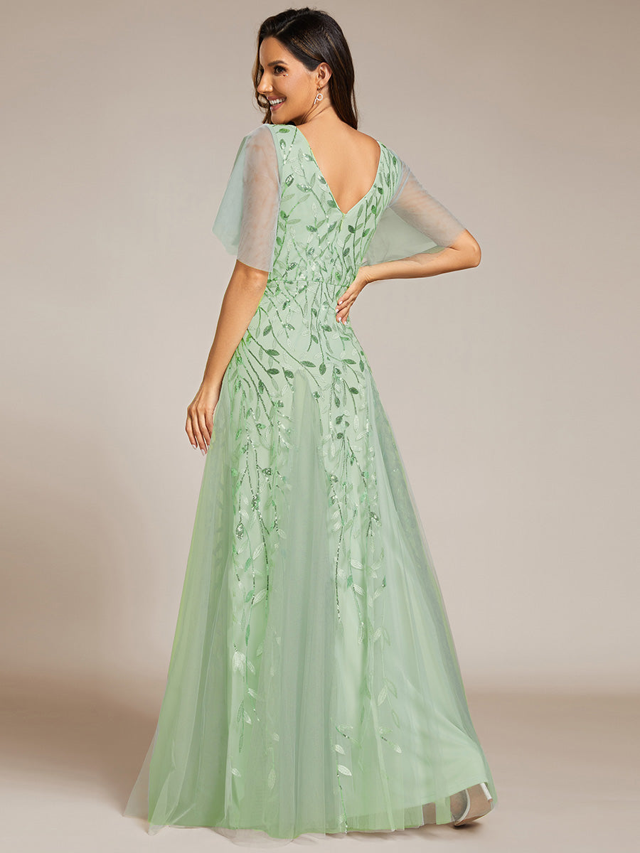 Robe d'Invité de Superbe Mariage Longue à Col en V et Manches à Volants #Couleur_Menthe Verte