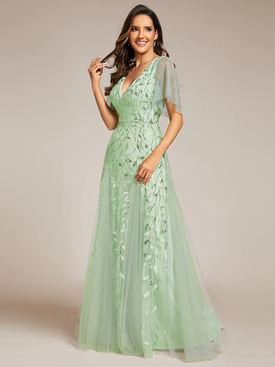 Robe d'Invité de Superbe Mariage Longue à Col en V et Manches à Volants #Couleur_Menthe Verte