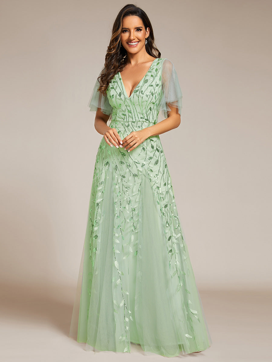 Robe d'Invité de Superbe Mariage Longue à Col en V et Manches à Volants #Couleur_Menthe Verte