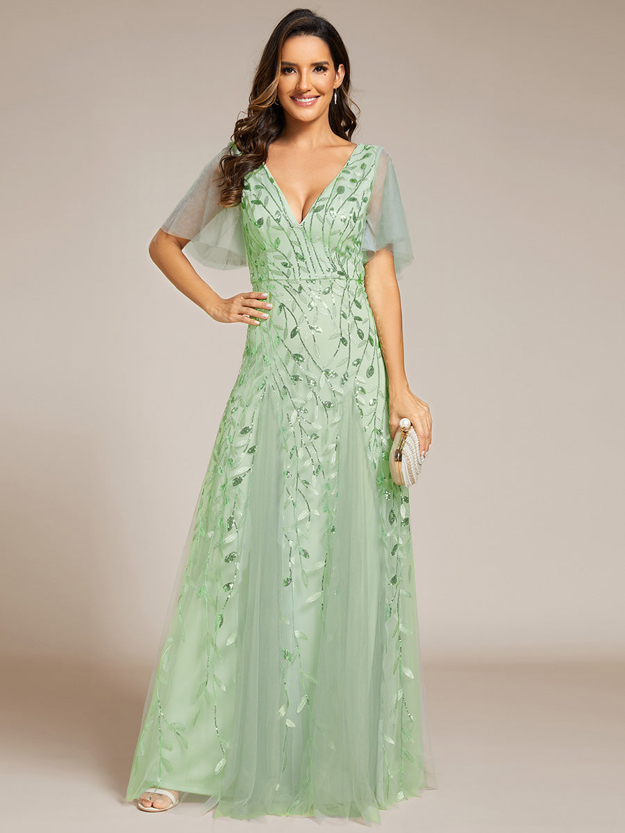 Robe d'Invité de Superbe Mariage Longue à Col en V et Manches à Volants #Couleur_Menthe Verte