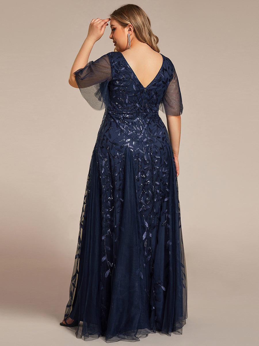 Robe d'Invité de Superbe Mariage Longue à Col en V et Manches à Volants #Couleur_Bleu Marine