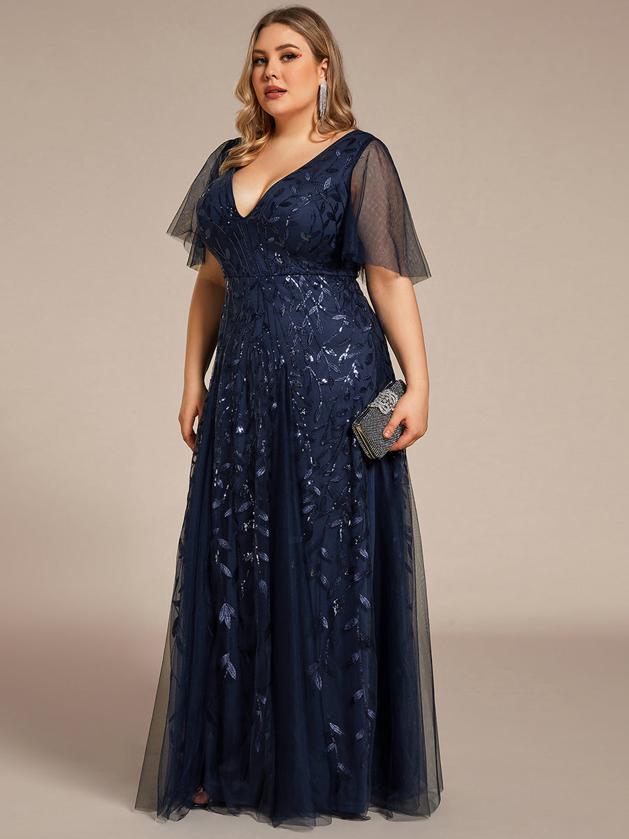 Grande Taille Robe de Soirée Romantique Scintillante à col en V et Manches à Volants #Couleur_Bleu Marine