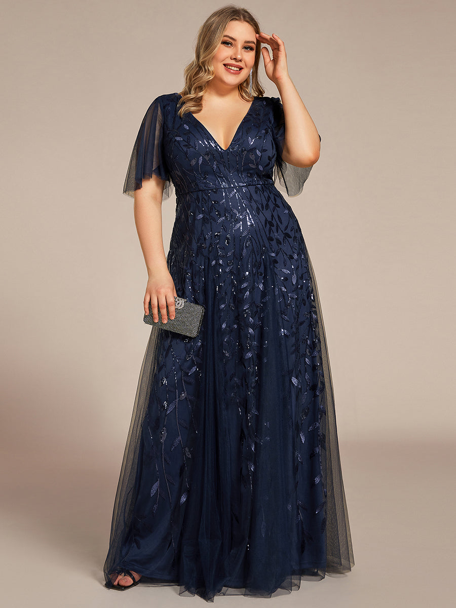 Robe d'Invité de Superbe Mariage Longue à Col en V et Manches à Volants #Couleur_Bleu Marine