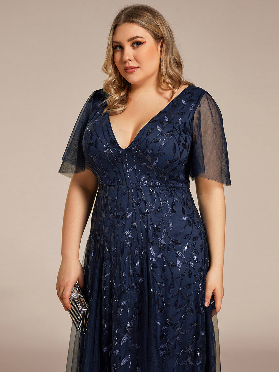 Grande Taille Robe de Soirée Romantique Scintillante à col en V et Manches à Volants #Couleur_Bleu Marine