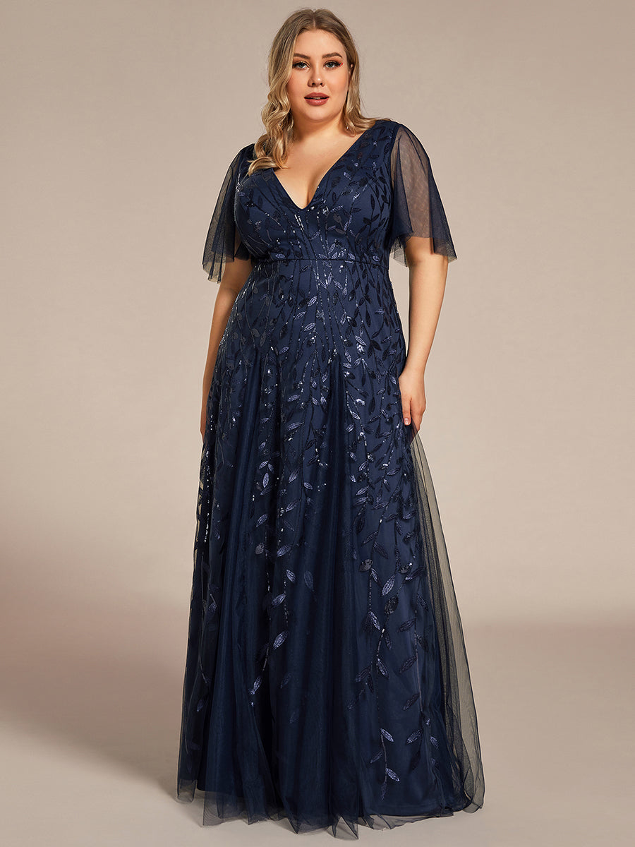 Grande Taille Robe de Soirée Romantique Scintillante à col en V et Manches à Volants #Couleur_Bleu Marine