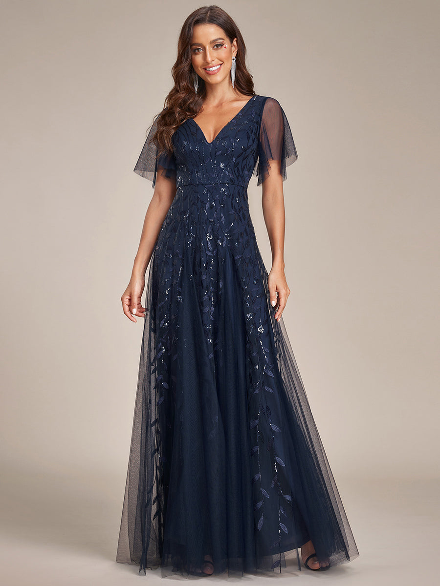 Robe d'Invité de Superbe Mariage Longue à Col en V et Manches à Volants #Couleur_Bleu Marine