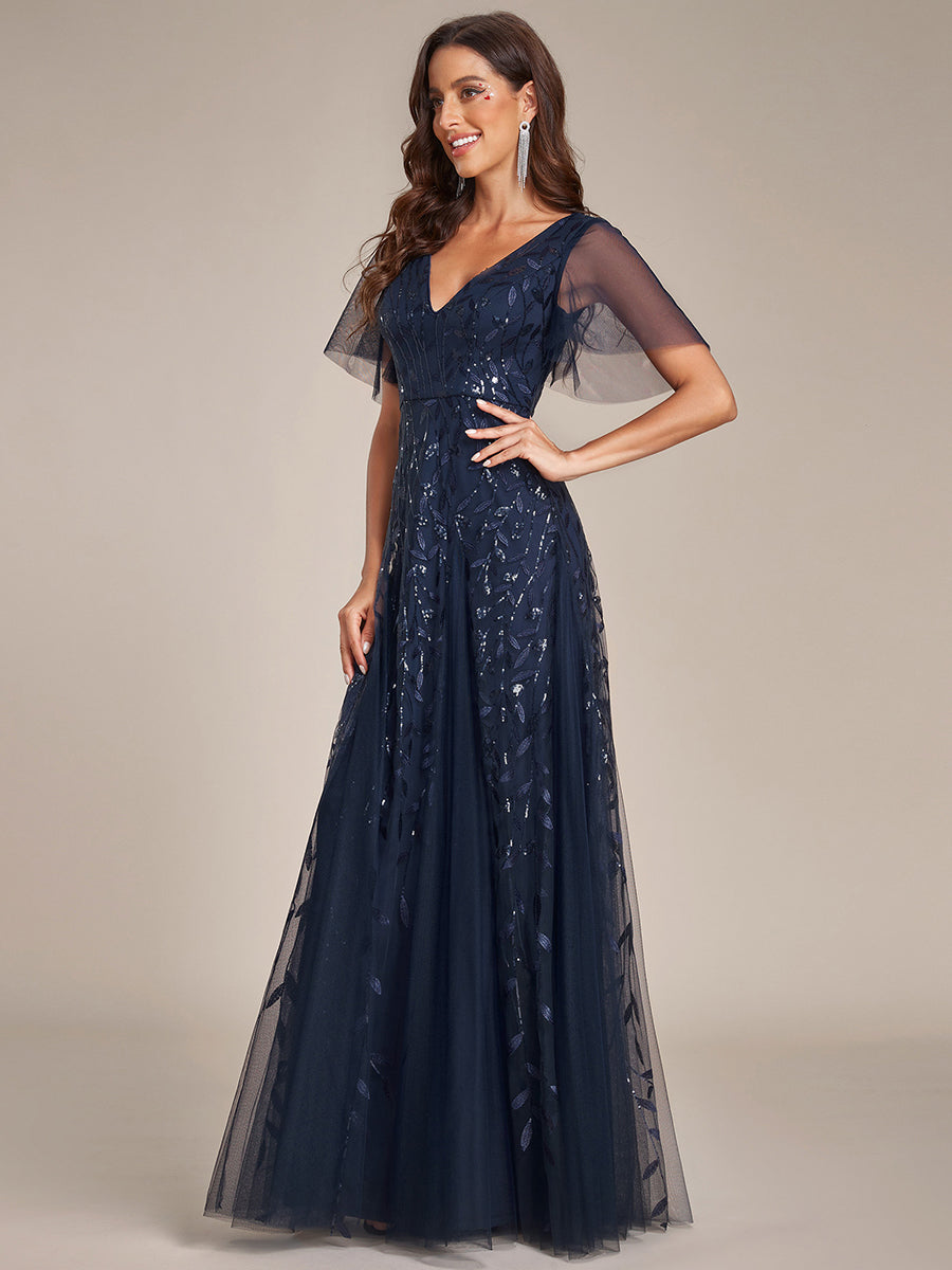 Robe d'Invité de Superbe Mariage Longue à Col en V et Manches à Volants #Couleur_Bleu Marine