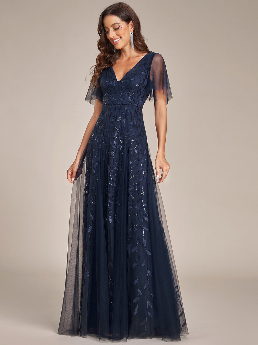 Robe d'Invité de Superbe Mariage Longue à Col en V et Manches à Volants #Couleur_Bleu Marine