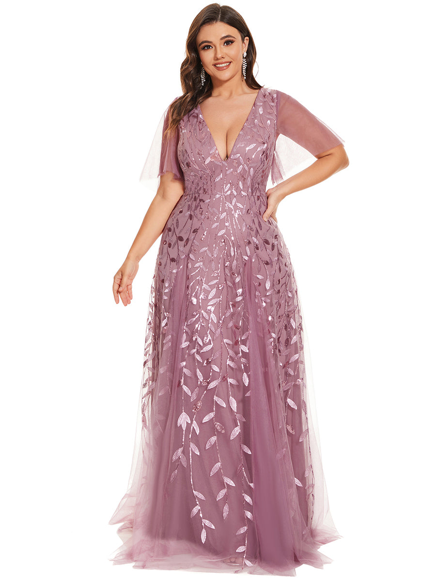 Grande Taille Robe de Soirée Romantique Scintillante à col en V et Manches à Volants #Couleur_Orchidee