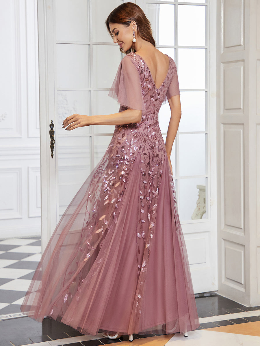 Robe d'Invité de Superbe Mariage Longue à Col en V et Manches à Volants #Couleur_Orchidee