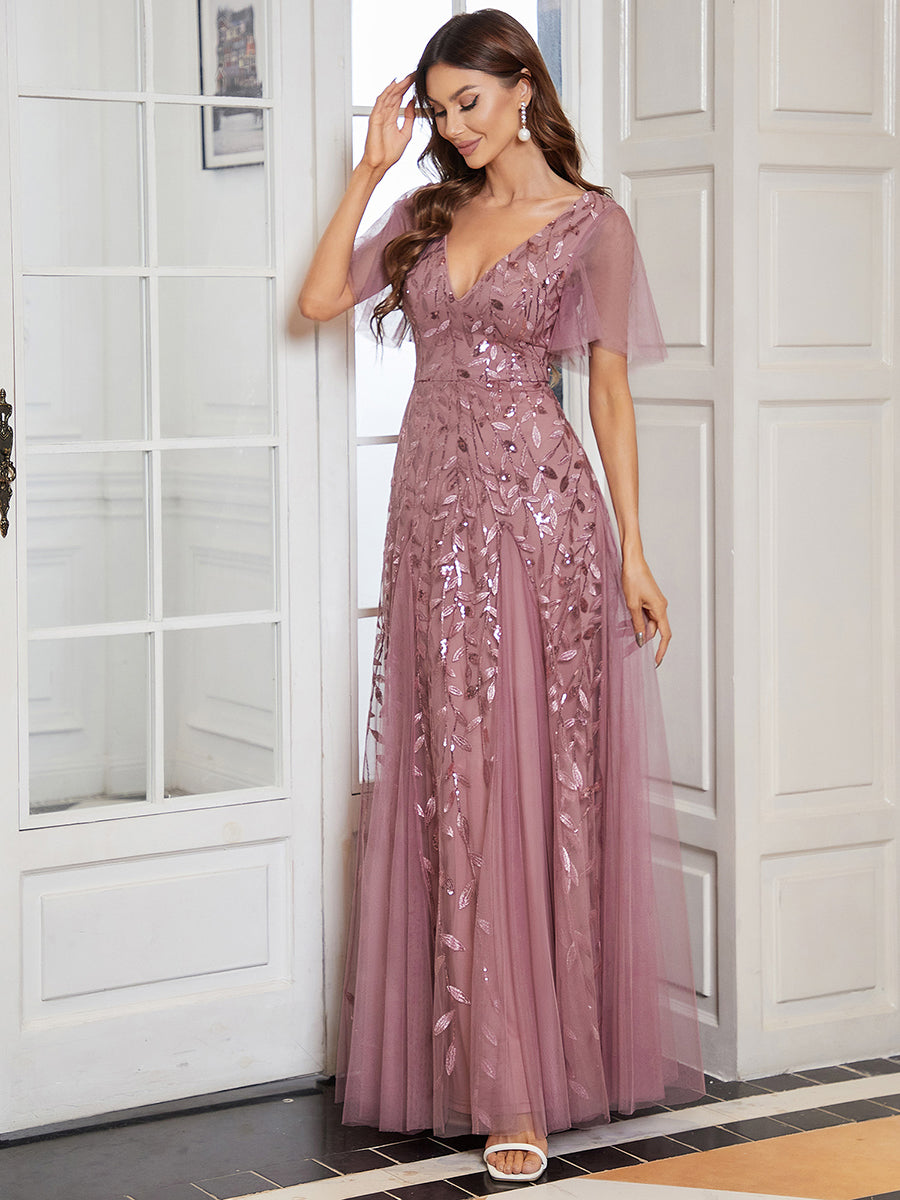 Robe d'Invité de Superbe Mariage Longue à Col en V et Manches à Volants #Couleur_Orchidee