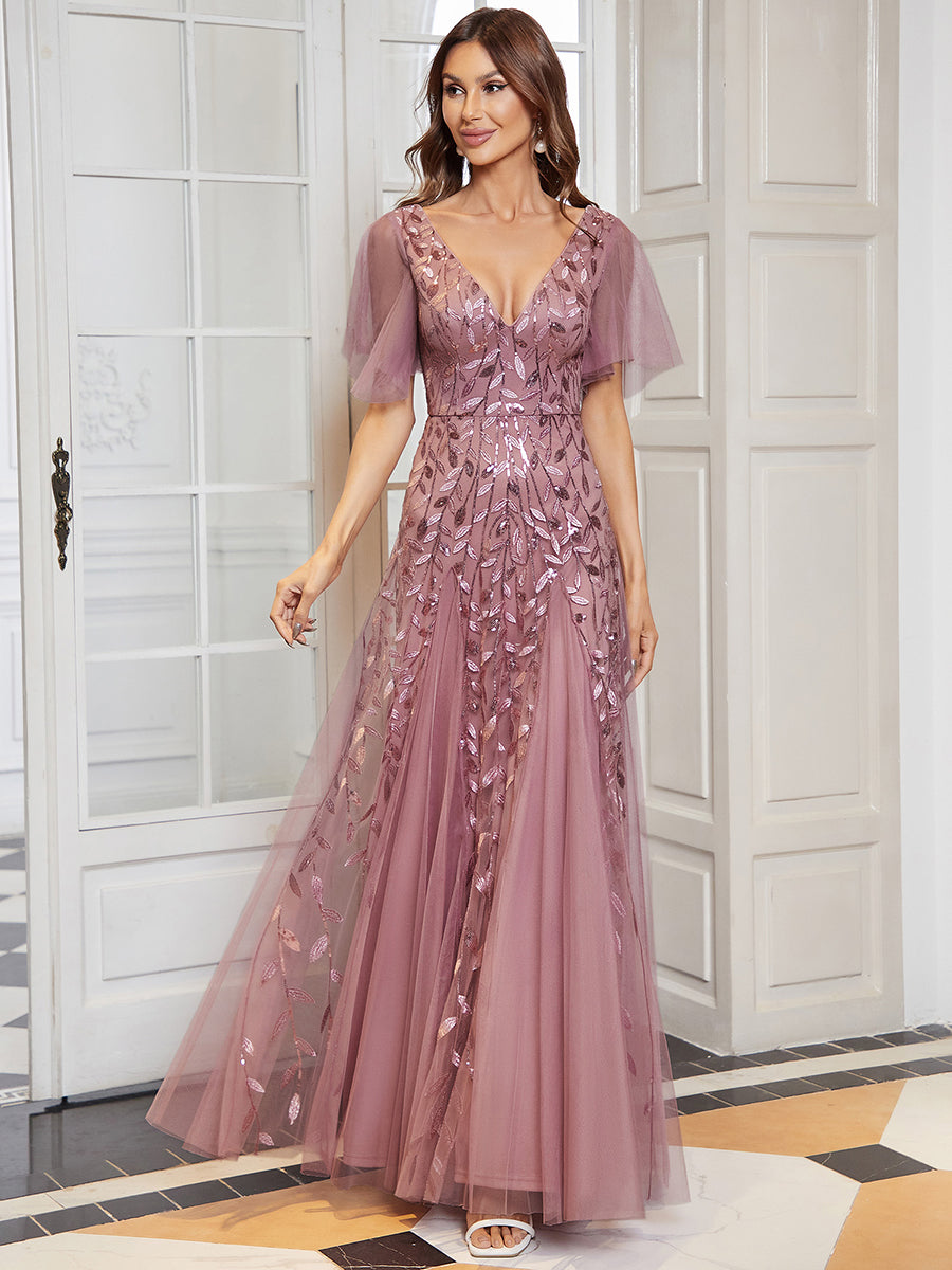 Robe d'Invité de Superbe Mariage Longue à Col en V et Manches à Volants #Couleur_Orchidee