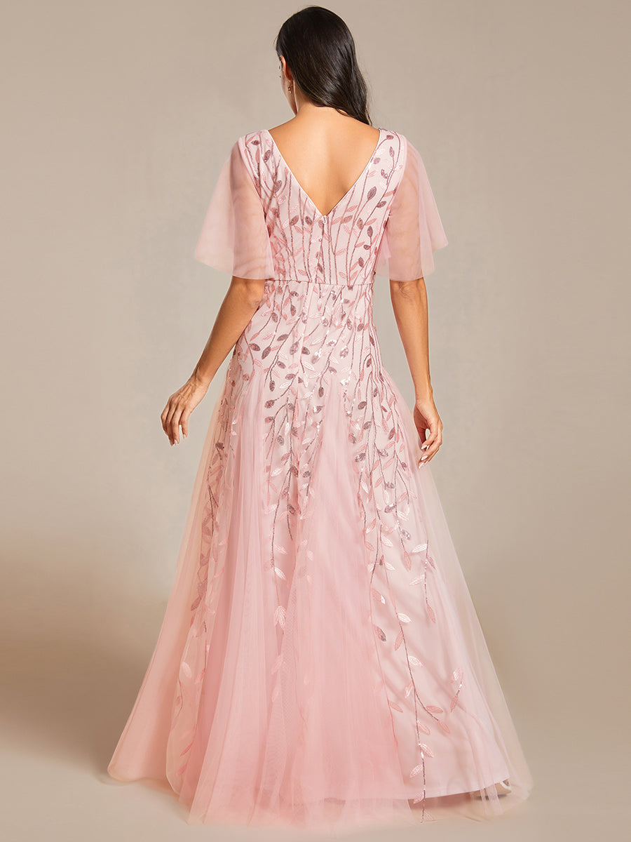 Robe d'Invité de Superbe Mariage Longue à Col en V et Manches à Volants #Couleur_Rose