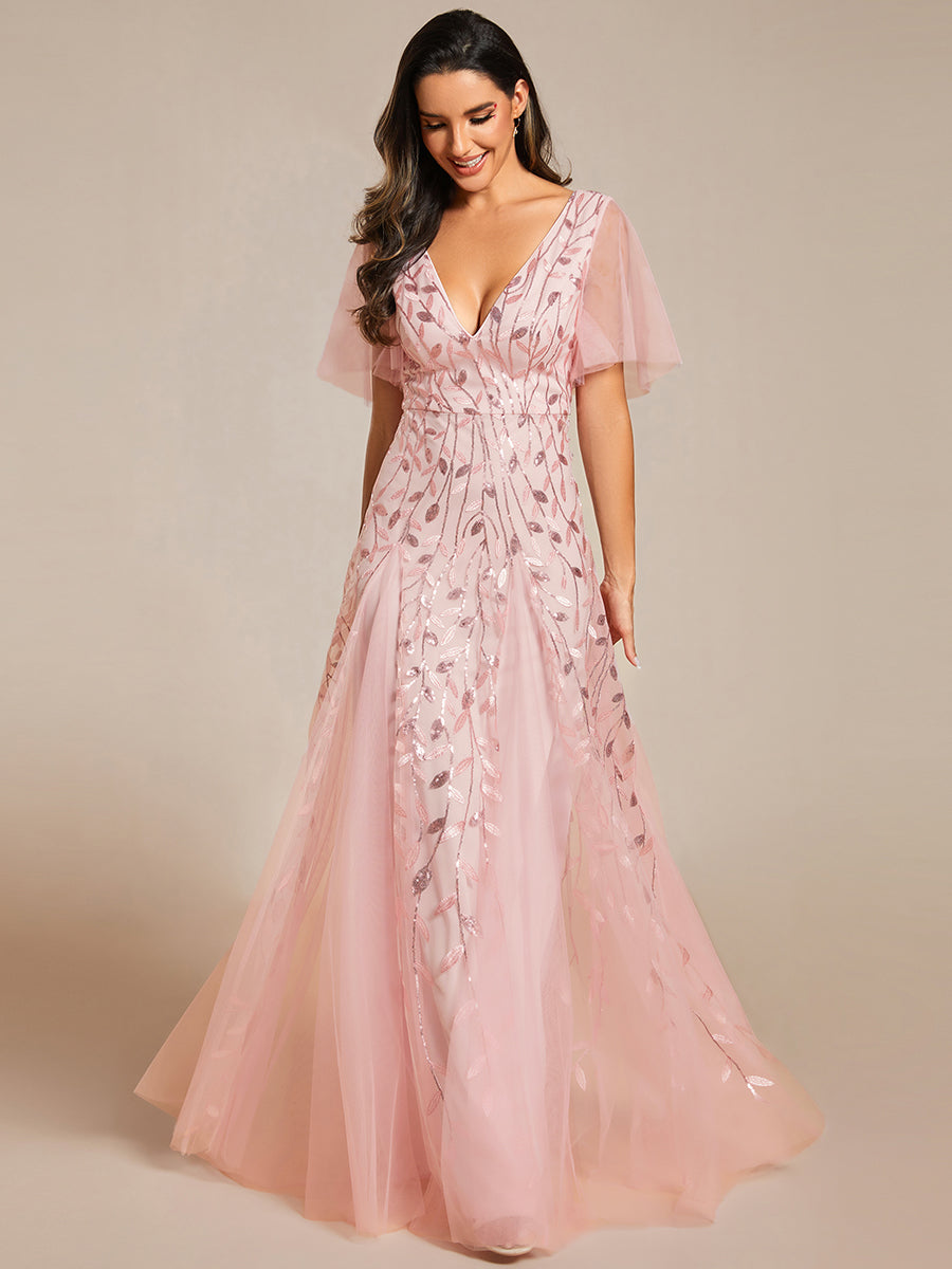 Robe d'Invité de Superbe Mariage Longue à Col en V et Manches à Volants #Couleur_Rose