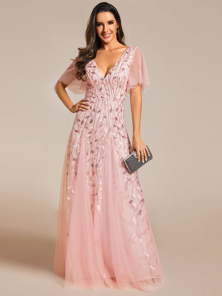 Robe d'Invité de Superbe Mariage Longue à Col en V et Manches à Volants #Couleur_Rose