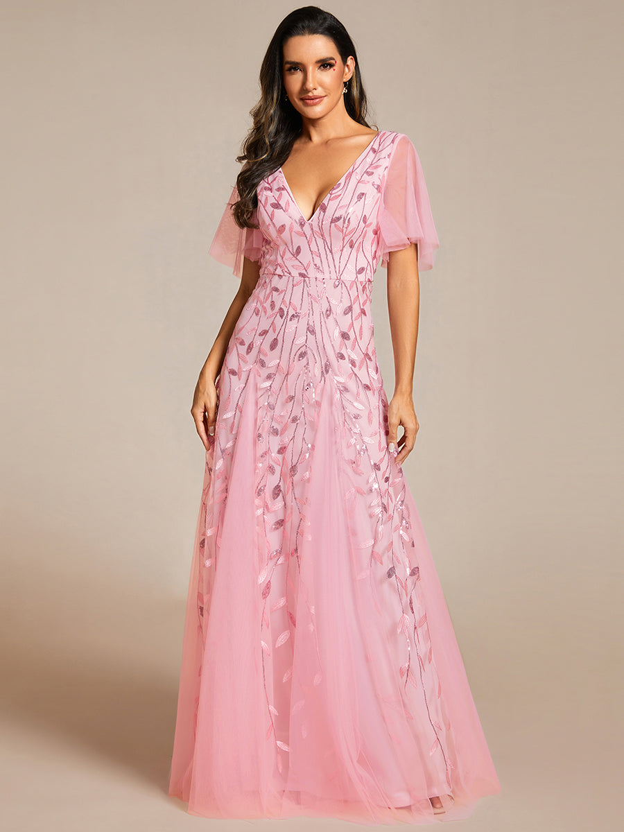 Grande Taille Robe de Soirée Romantique Scintillante à col en V et Manches à Volants #Couleur_Rose