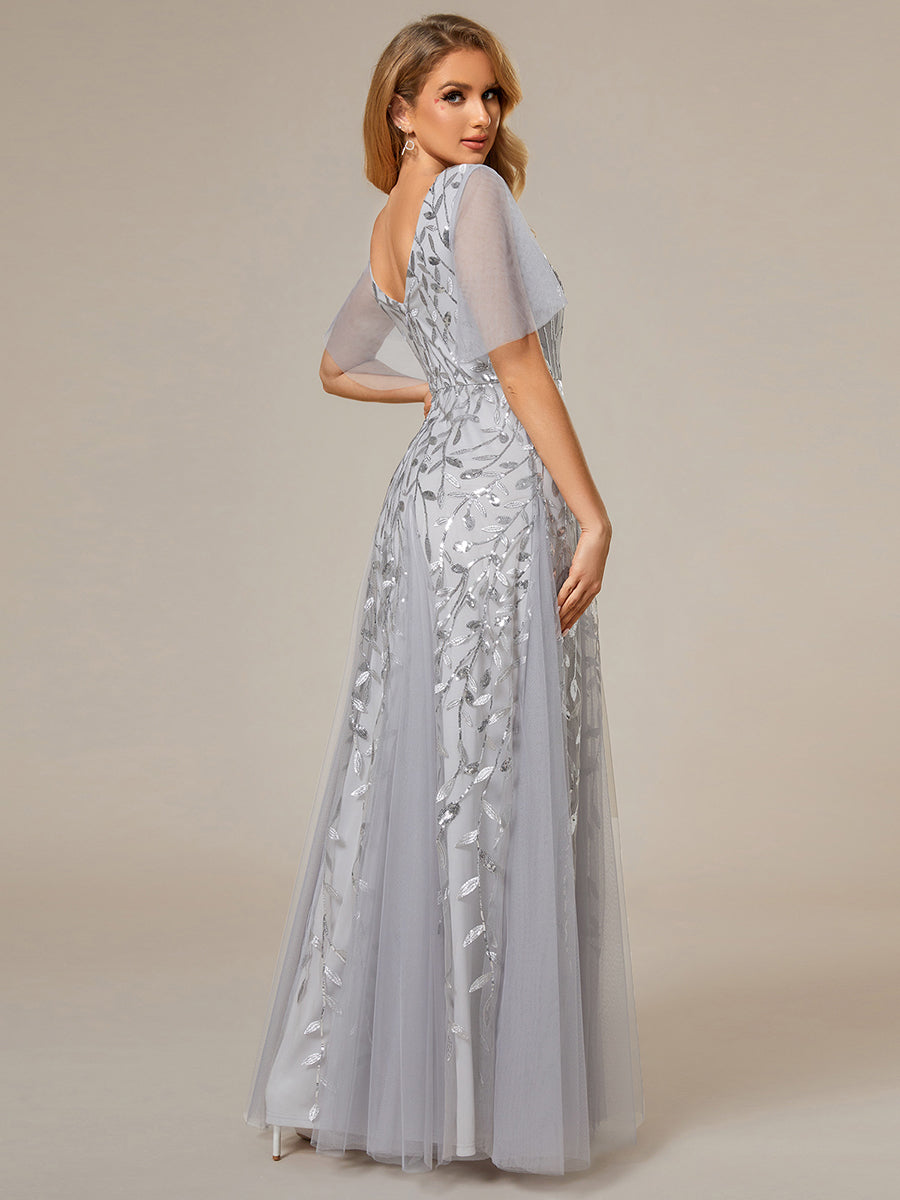 Robe d'Invité de Superbe Mariage Longue à Col en V et Manches à Volants #Couleur_Argent