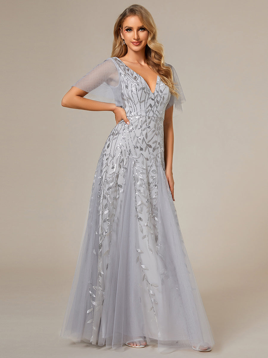 Robe d'Invité de Superbe Mariage Longue à Col en V et Manches à Volants #Couleur_Argent