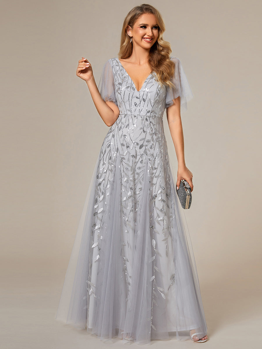 Robe d'Invité de Superbe Mariage Longue à Col en V et Manches à Volants #Couleur_Argent