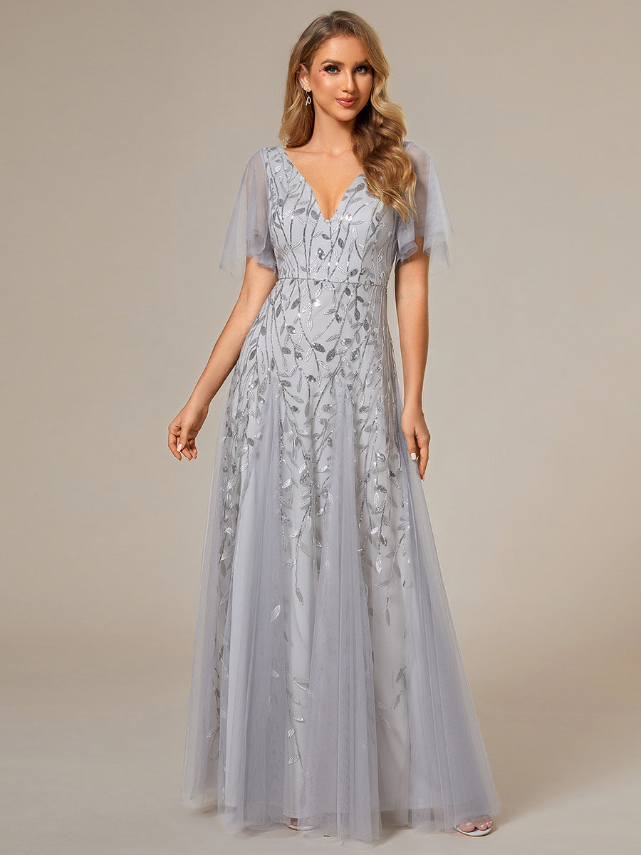 Robe d'Invité de Superbe Mariage Longue à Col en V et Manches à Volants #Couleur_Argent