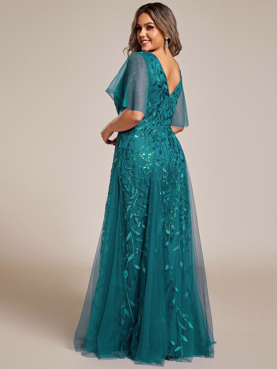 Robe d'Invité de Superbe Mariage Longue à Col en V et Manches à Volants #Couleur_Bleu Sarcelle