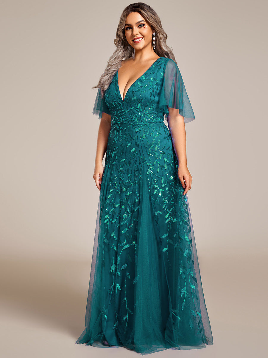 Grande Taille Robe de Soirée Romantique Scintillante à col en V et Manches à Volants #Couleur_Bleu Sarcelle