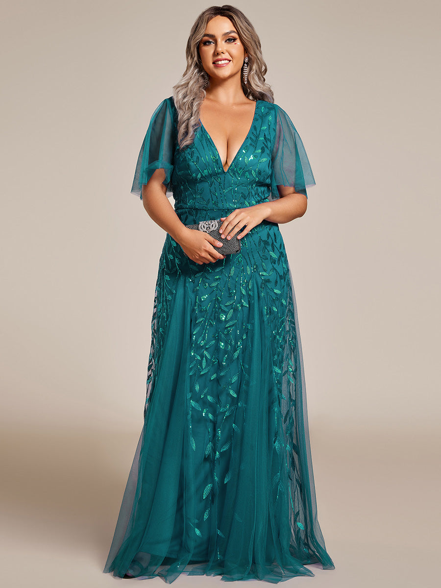 Robe d'Invité de Superbe Mariage Longue à Col en V et Manches à Volants #Couleur_Bleu Sarcelle