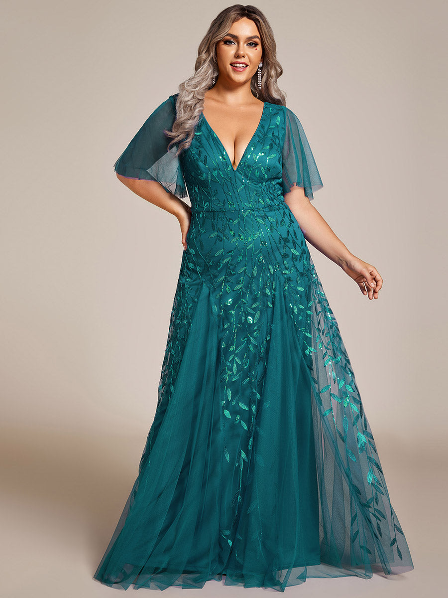 Grande Taille Robe de Soirée Romantique Scintillante à col en V et Manches à Volants #Couleur_Bleu Sarcelle