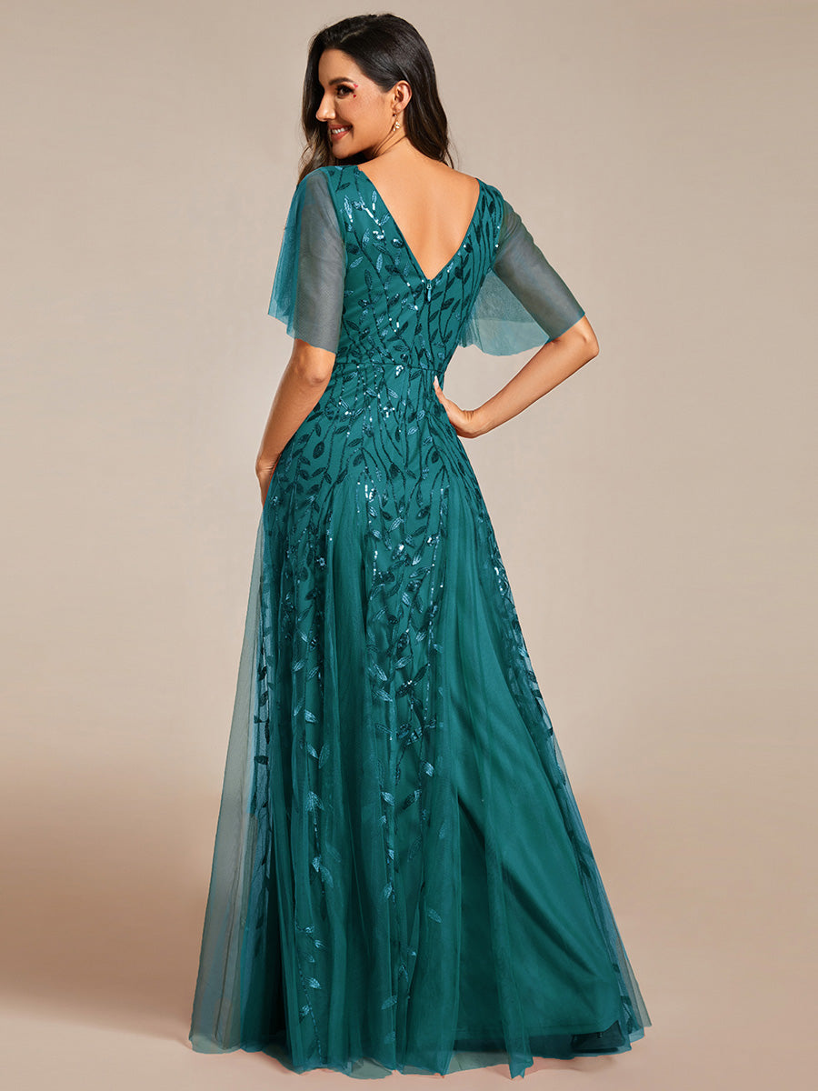 Robe d'Invité de Superbe Mariage Longue à Col en V et Manches à Volants #Couleur_Bleu Sarcelle