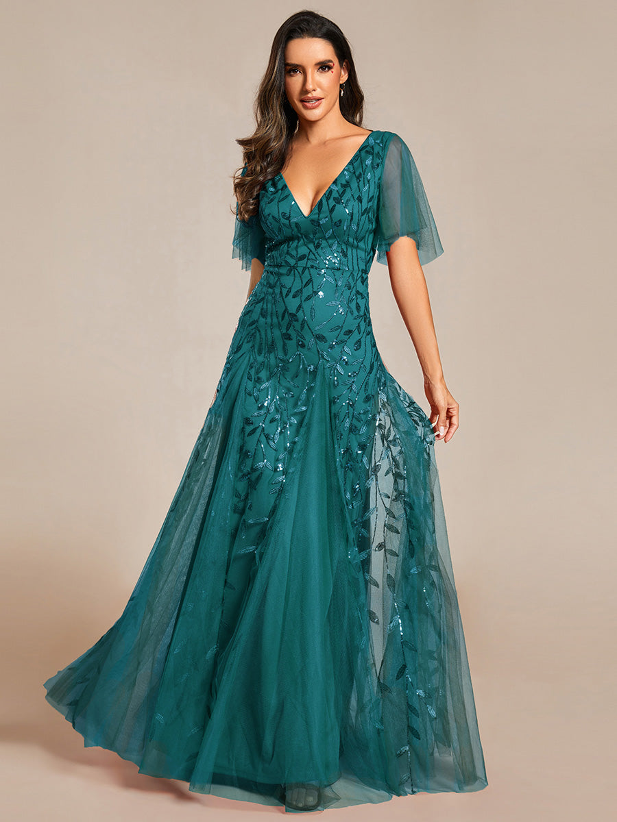 Robe d'Invité de Superbe Mariage Longue à Col en V et Manches à Volants #Couleur_Bleu Sarcelle