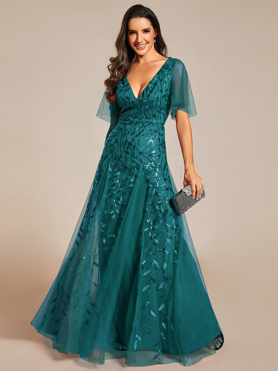 Robe d'Invité de Superbe Mariage Longue à Col en V et Manches à Volants #Couleur_Bleu Sarcelle