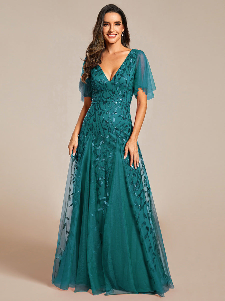 Robe d'Invité de Superbe Mariage Longue à Col en V et Manches à Volants #Couleur_Bleu Sarcelle