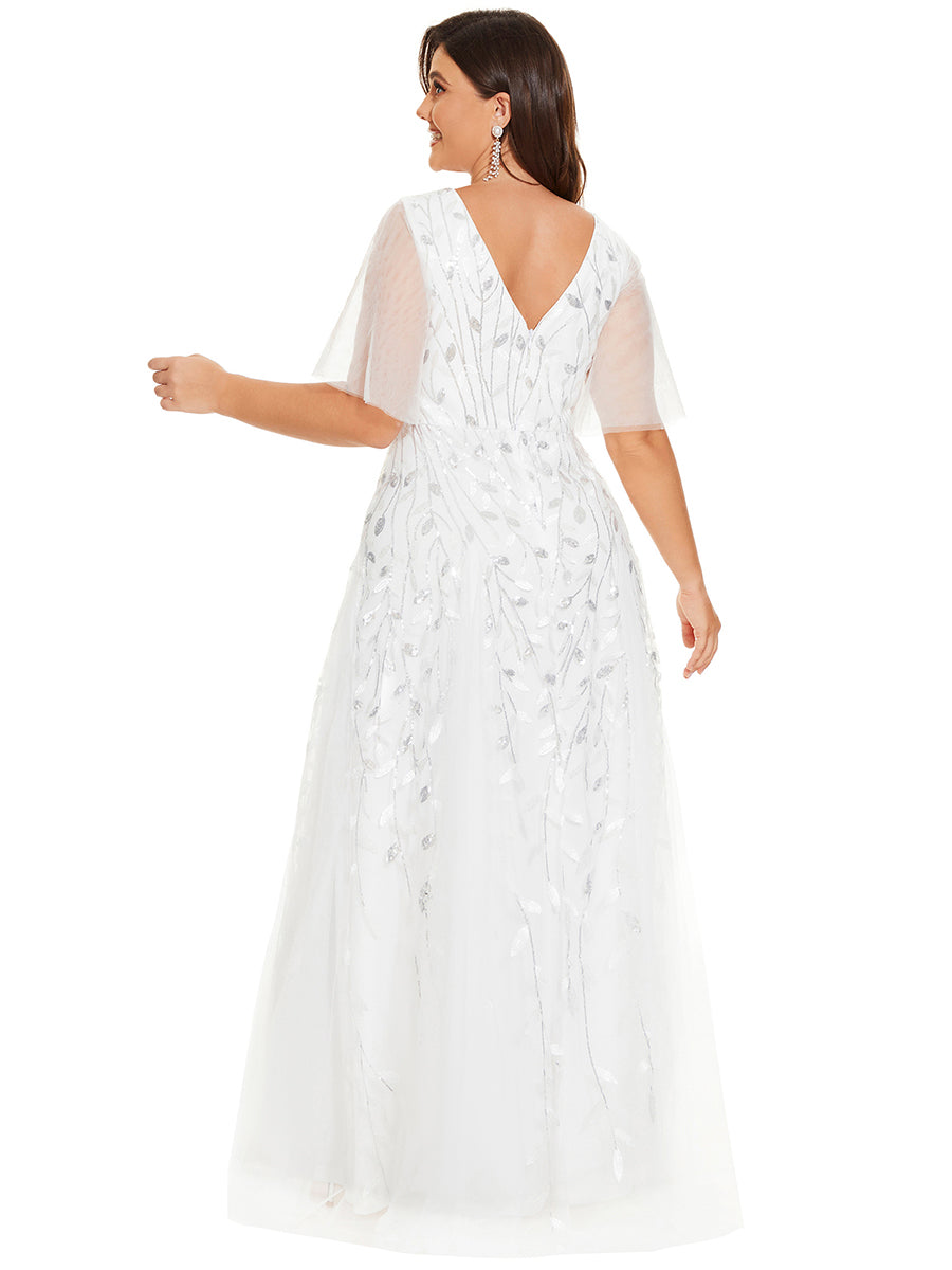 Grande Taille Robe de Soirée Romantique Scintillante à col en V et Manches à Volants #Couleur_Blanc