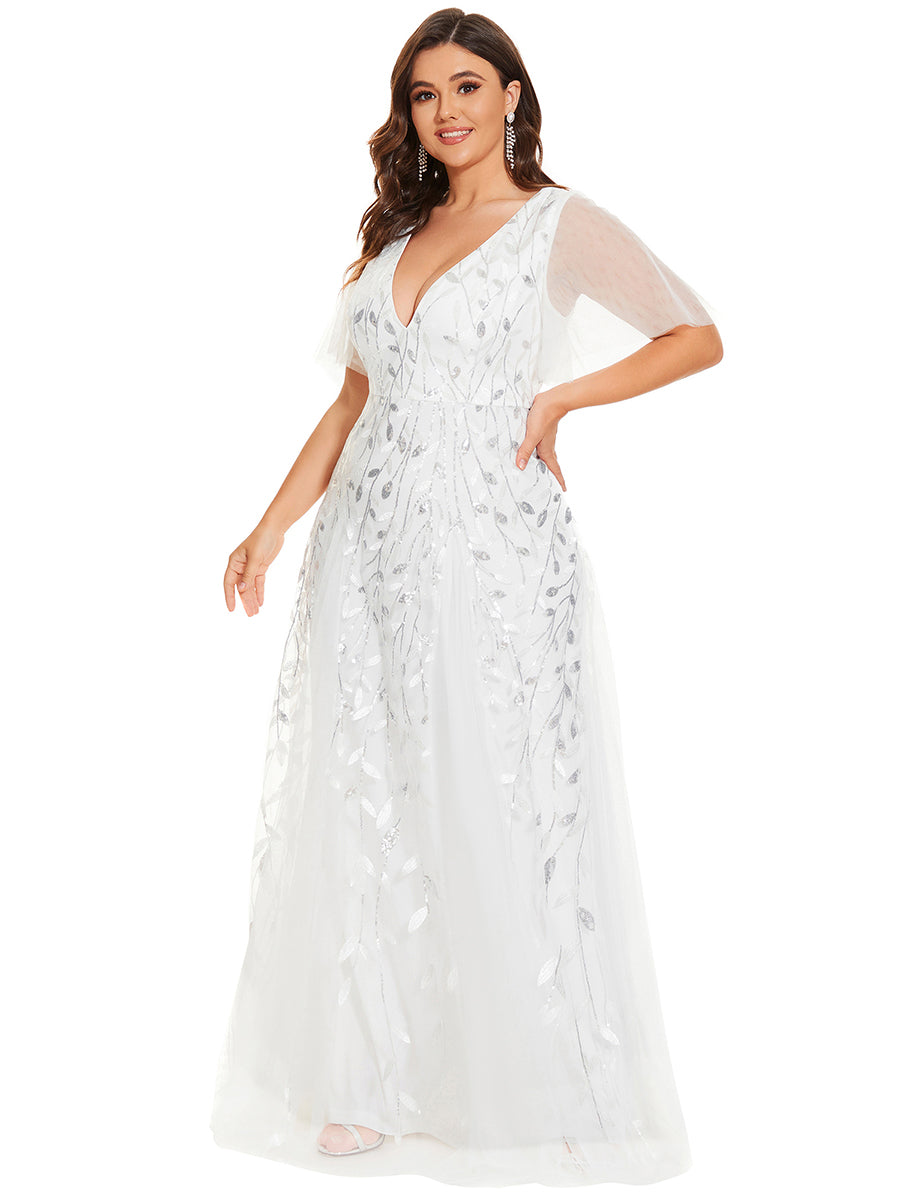 Grande Taille Robe de Soirée Romantique Scintillante à col en V et Manches à Volants #Couleur_Blanc