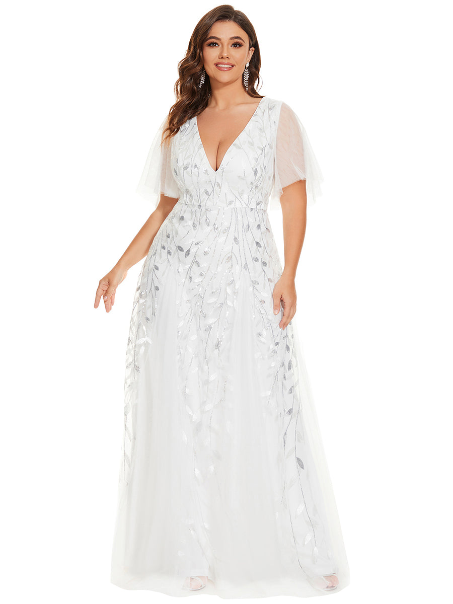 Grande Taille Robe de Soirée Romantique Scintillante à col en V et Manches à Volants #Couleur_Blanc