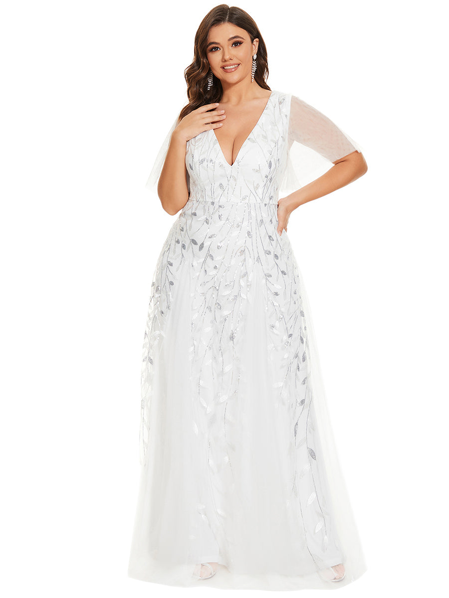 Robe d'Invité de Superbe Mariage Longue à Col en V et Manches à Volants #Couleur_Blanc