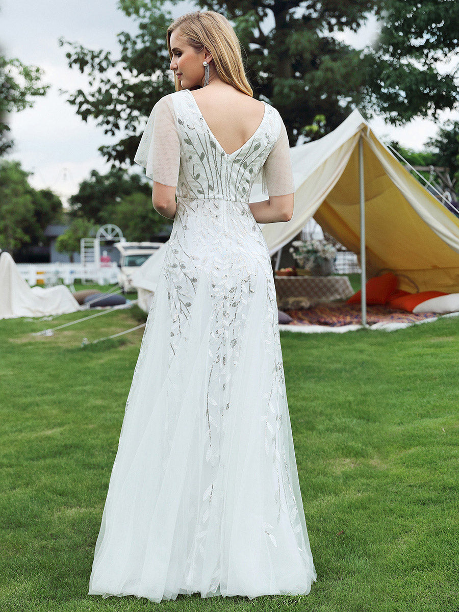 Robe d'Invité de Superbe Mariage Longue à Col en V et Manches à Volants #Couleur_Blanc