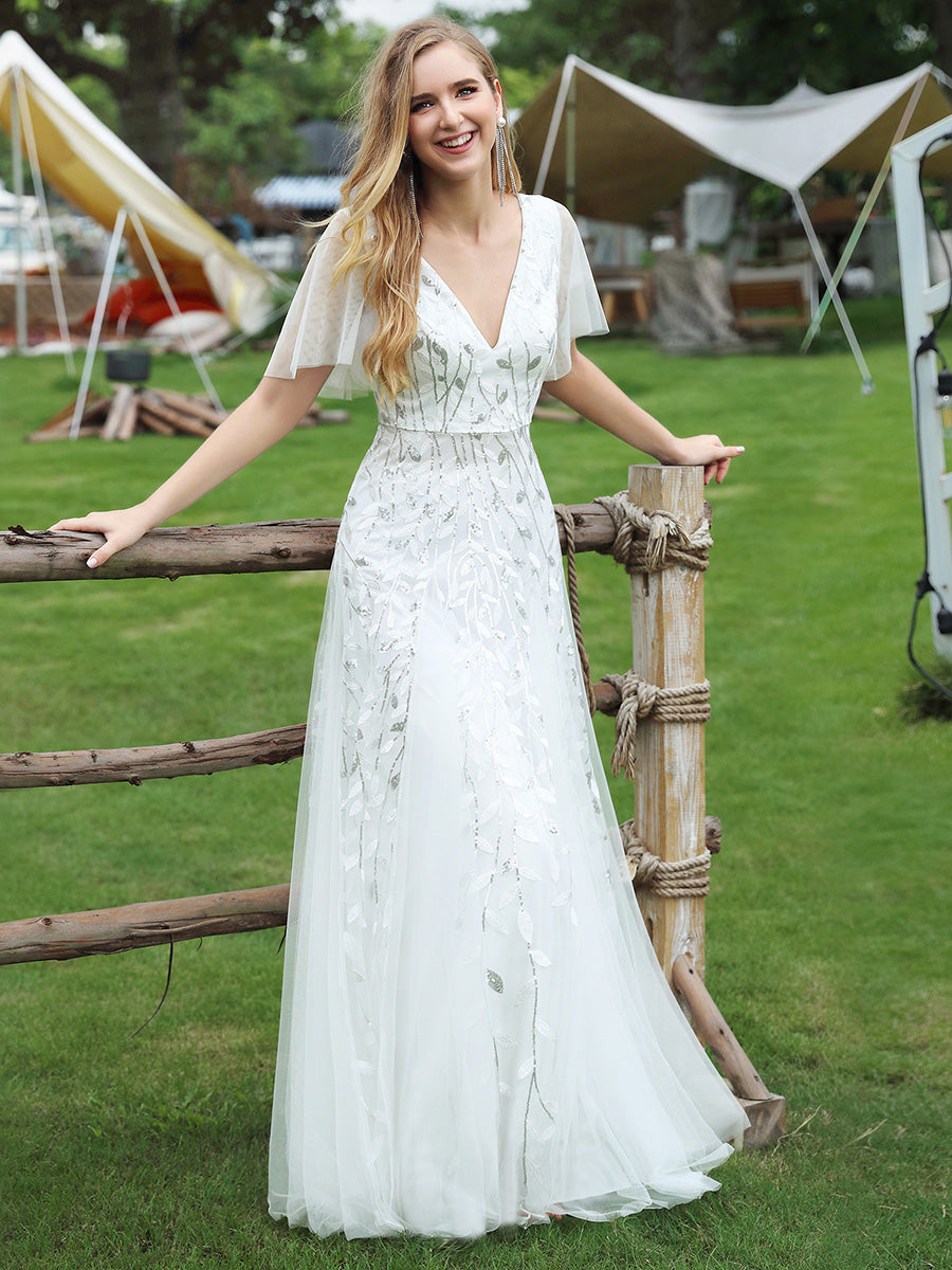 Robe d'Invité de Superbe Mariage Longue à Col en V et Manches à Volants #Couleur_Blanc