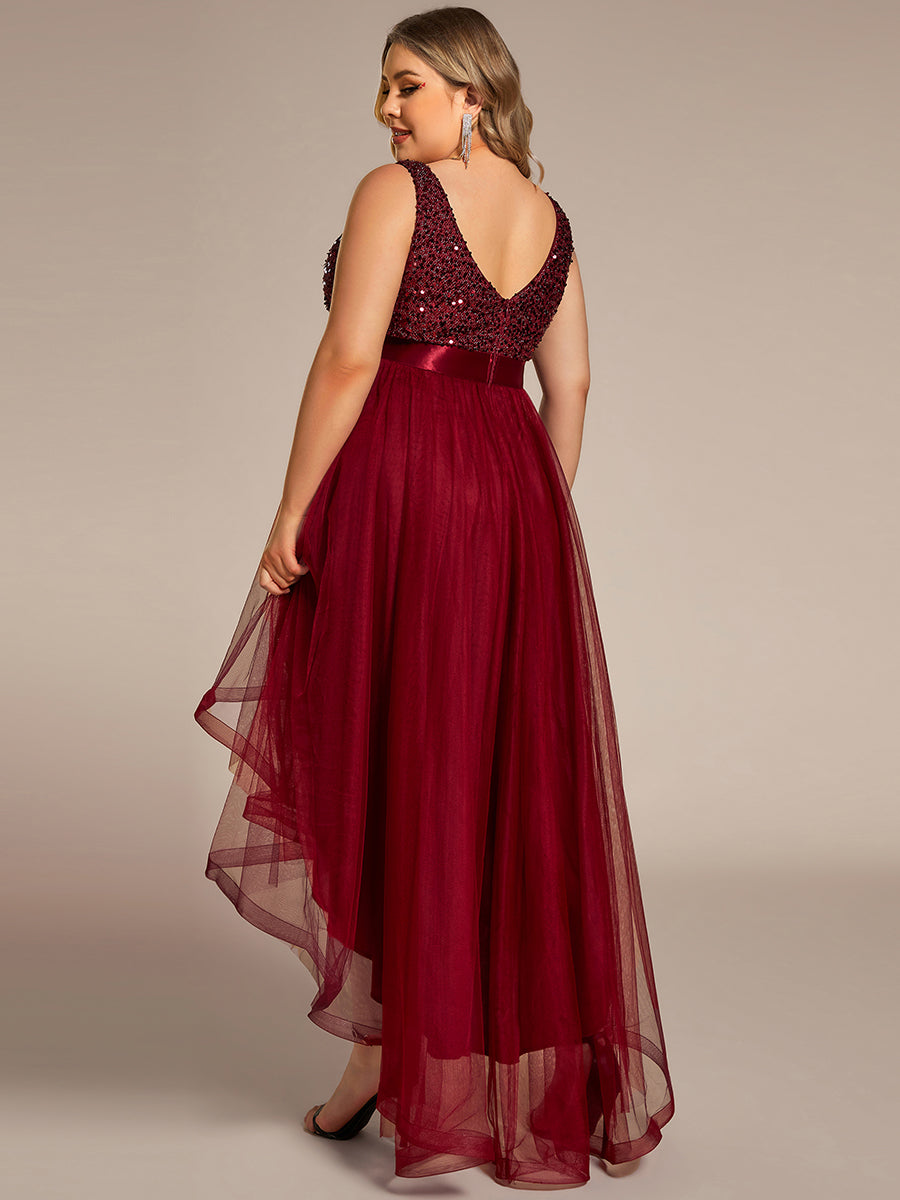 Robe de soirée haute basse sans manches à col en V et sequins #Couleur_Bordeaux