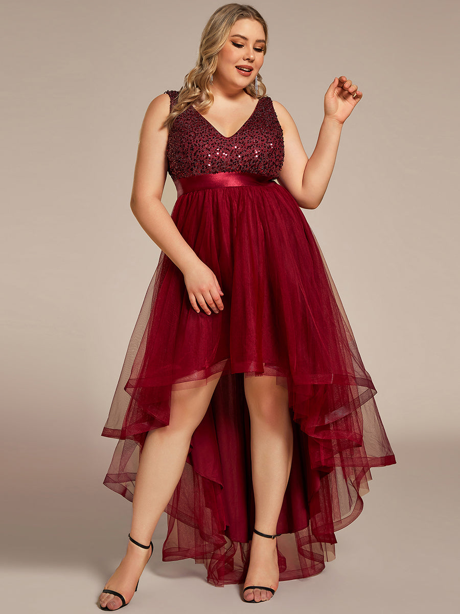 Robe de soirée haute basse sans manches à col en V et sequins #Couleur_Bordeaux