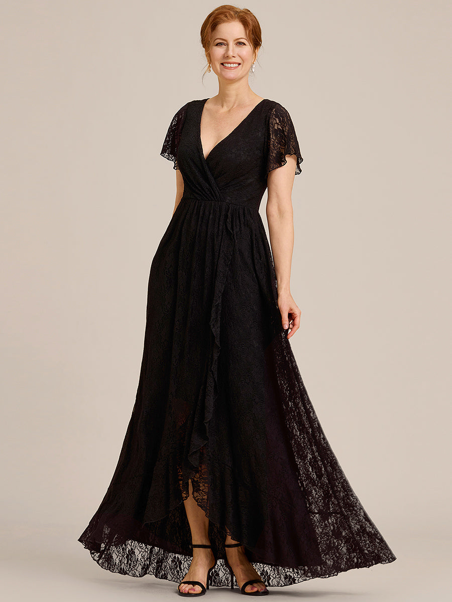 Robe de soirée en dentelle plissée à manches courtes et col en V #Couleur_Noir