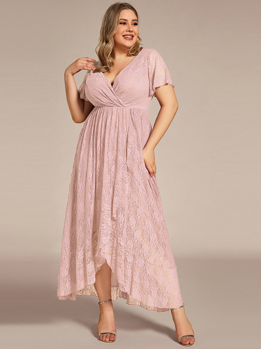 Robe de soirée en dentelle plissée à manches courtes et col en V Grande taille #Couleur_Rose