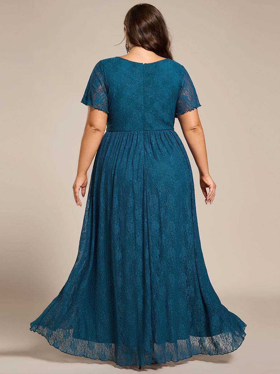 Robe de soirée en dentelle plissée à manches courtes et col en V Grande taille #Couleur_Bleu Sarcelle