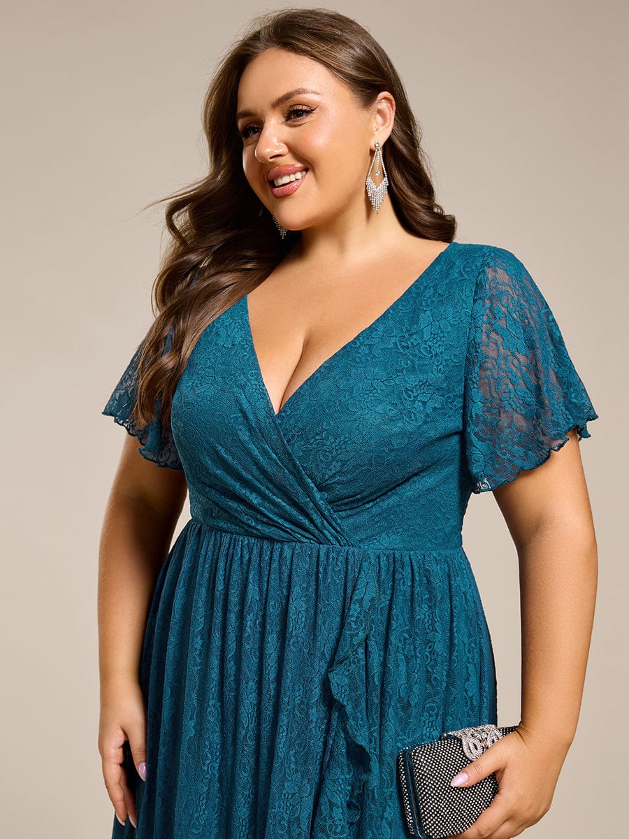 Robe de soirée en dentelle plissée à manches courtes et col en V Grande taille #Couleur_Bleu Sarcelle