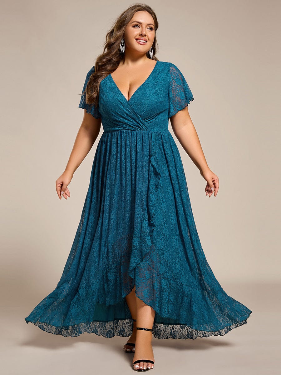 Robe de soirée en dentelle plissée à manches courtes et col en V Grande taille #Couleur_Bleu Sarcelle