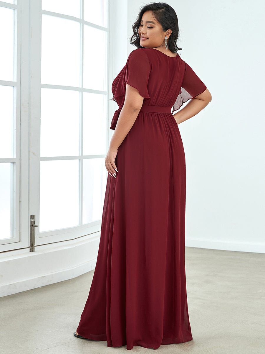 Robe mariage invitée en mousseline de soie longue de grande taille à encolure en V Maxi #Couleur_Bordeaux